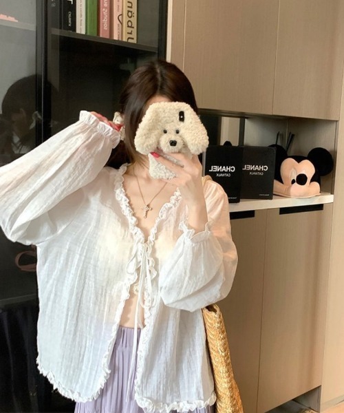 Ritzy(リッツィー)の「フリルリボンシアーシャツ羽織り(カーディガン/ボレロ・レディース・ホワイト/ブルー/ラベンダー・M/L)」の9枚目の写真