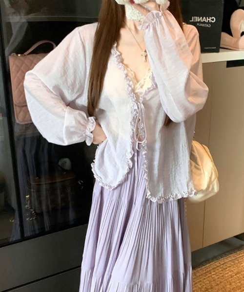Ritzy(リッツィー)の「フリルリボンシアーシャツ羽織り(カーディガン/ボレロ・レディース・ホワイト/ブルー/ラベンダー・M/L)」の14枚目の写真