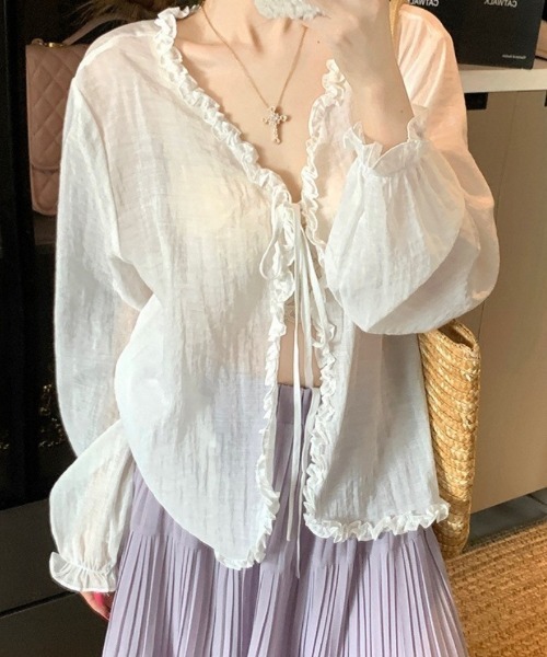 Ritzy(リッツィー)の「フリルリボンシアーシャツ羽織り(カーディガン/ボレロ・レディース・ホワイト/ブルー/ラベンダー・M/L)」の15枚目の写真