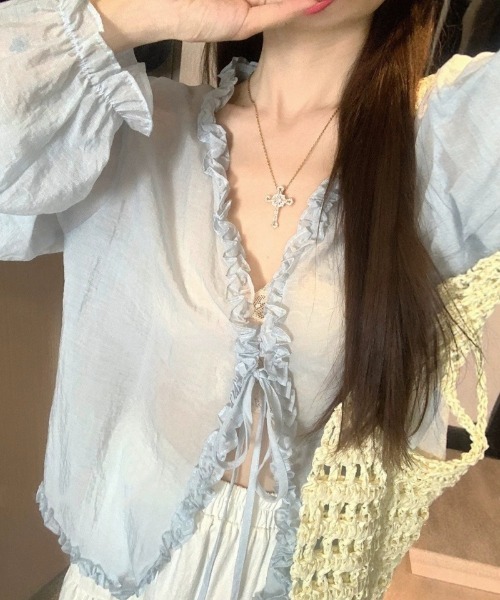 Ritzy(リッツィー)の「フリルリボンシアーシャツ羽織り(カーディガン/ボレロ・レディース・ホワイト/ブルー/ラベンダー・M/L)」の16枚目の写真