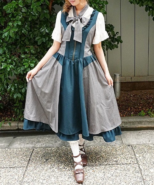 axes femme POETIQUE(アクシーズファムポエティック)の「バイカラーストライプJSK(ワンピース・レディース・ネイビー/グリーン・MEDIUM)」の1枚目の写真