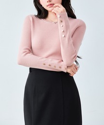 【新作登場】 ニット レディース リブニット ラウンドネック 長袖 リブ編み メタルボタン 袖ボタン ストレッチ フィットニット シンプル 細見え 上品 きれいめ 通勤 オフィス