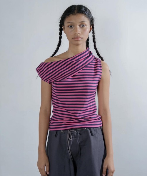 OMO(オモ)の「OMO/オモ Stripes Boatneck Top(Tシャツ/カットソー・レディース・ピンク・FREE)」の1枚目の写真