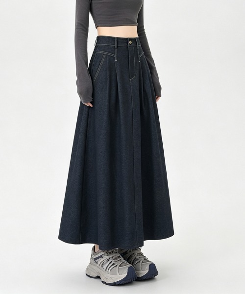 ONEP STAR（ワンピスター）の「タック入りデニムロングスカート（デニムスカート・レディース・ネイビー/ブラック・X-LARGE/LARGE/MEDIUM）」の3枚目の写真