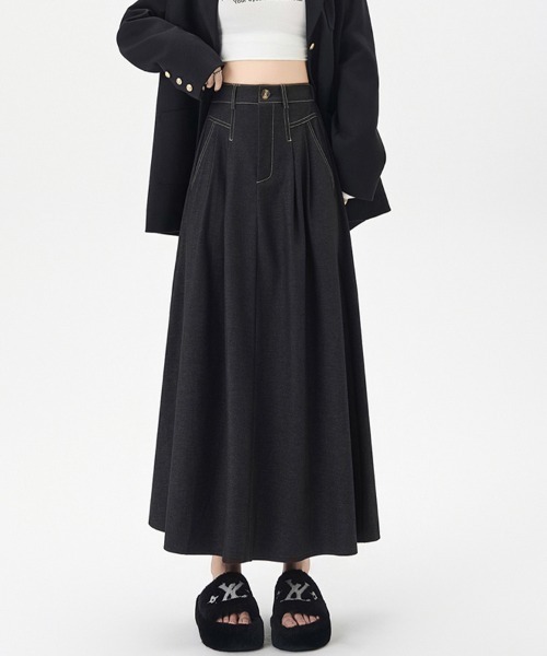 ONEP STAR（ワンピスター）の「タック入りデニムロングスカート（デニムスカート・レディース・ネイビー/ブラック・X-LARGE/LARGE/MEDIUM）」の6枚目の写真