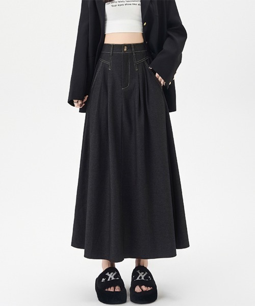 ONEP STAR（ワンピスター）の「タック入りデニムロングスカート（デニムスカート・レディース・ネイビー/ブラック・X-LARGE/LARGE/MEDIUM）」の7枚目の写真