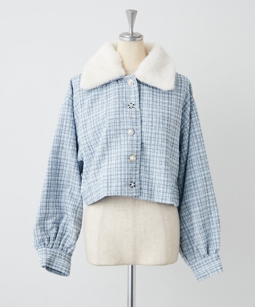 Another Branch olive des olive（アナザーブランチオリーブデオリーブ）の「ラメツイードフェイクファーファー付ジャケット（その他アウター・レディース・チャコールグレー/サックスブルー/ベージュ・FREE）」の3枚目の写真