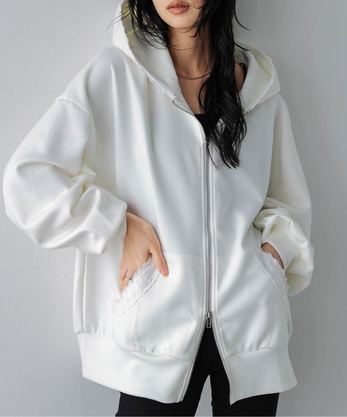 AMELY（エミリー）の「ダブルジップパーカー/レース/羽織り/ポケット（パーカー・レディース・ホワイト/グレー/ブラック・フリー）」の8枚目の写真