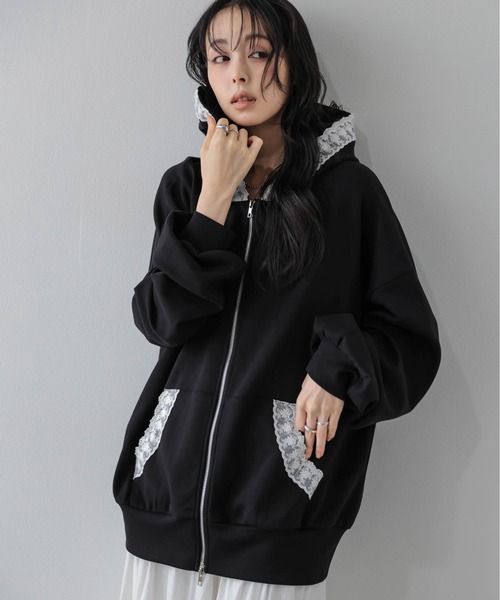 AMELY（エミリー）の「ダブルジップパーカー/レース/羽織り/ポケット（パーカー・レディース・ホワイト/グレー/ブラック・フリー）」の17枚目の写真