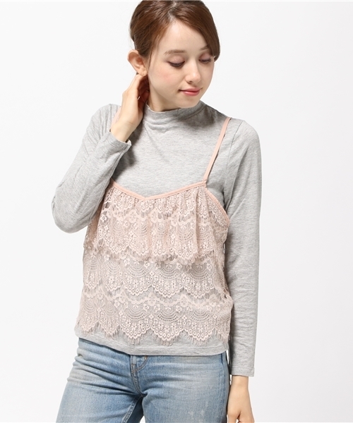 earth music&ecology(アースミュージックアンドエコロジー)の「【2016Autumn】【SET ITEM】ラッセルレースキャミソールツインセット(Tシャツ/カットソー・レディース・ブラック/カーキ/ピンクベージュ・SMALL/MEDIUM)」の3枚目の写真