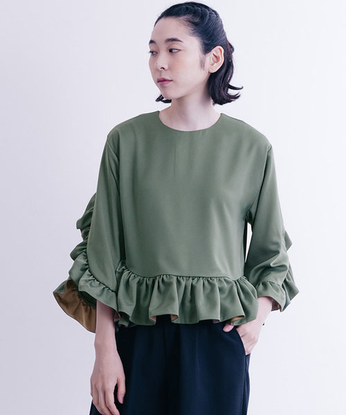 merlot plus（メルロープリュス）の「フリル袖裾ブラウス2420（シャツ/ブラウス・レディース・ピンク/ブラック/カーキ・FREE）」の17枚目の写真