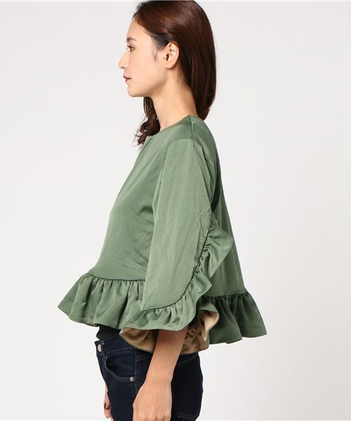 merlot plus（メルロープリュス）の「フリル袖裾ブラウス2420（シャツ/ブラウス・レディース・ピンク/ブラック/カーキ・FREE）」の8枚目の写真