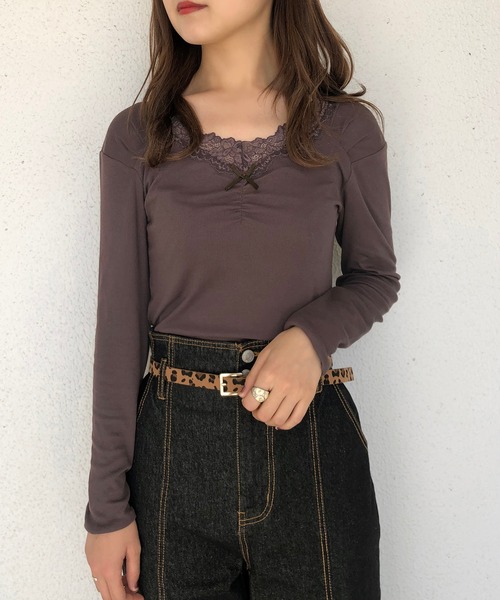 one after another NICE CLAUP(ワンアフターアナザーナイスクラップ)の「リボン付きウォームレースインナー(Tシャツ/カットソー・レディース・ブラウン/ライトベージュ/オフホワイト/ライトグレー/マスタード・FREE)」の8枚目の写真