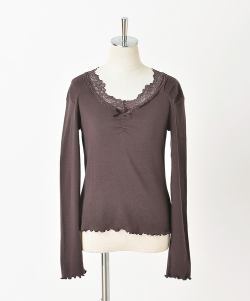 one after another NICE CLAUP(ワンアフターアナザーナイスクラップ)の「リボン付きウォームレースインナー(Tシャツ/カットソー・レディース・ブラウン/ライトベージュ/オフホワイト/ライトグレー/マスタード・FREE)」の12枚目の写真