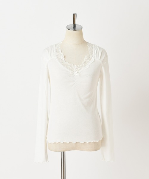 one after another NICE CLAUP(ワンアフターアナザーナイスクラップ)の「リボン付きウォームレースインナー(Tシャツ/カットソー・レディース・ブラウン/ライトベージュ/オフホワイト/ライトグレー/マスタード・FREE)」の21枚目の写真