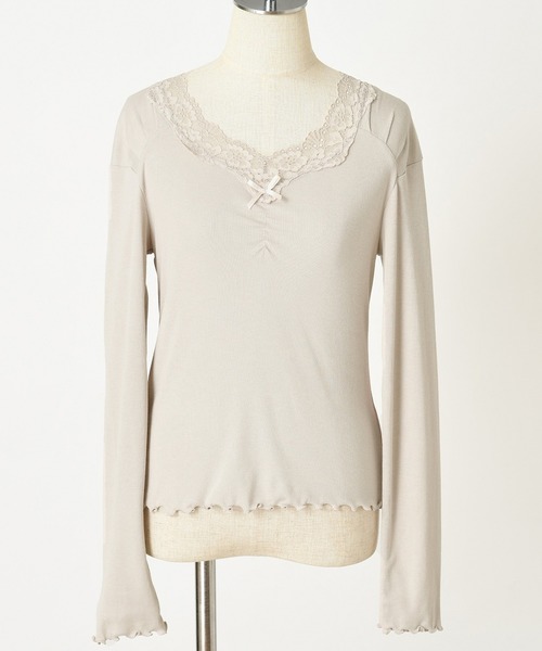 one after another NICE CLAUP(ワンアフターアナザーナイスクラップ)の「リボン付きウォームレースインナー(Tシャツ/カットソー・レディース・ブラウン/ライトベージュ/オフホワイト/ライトグレー/マスタード・FREE)」の16枚目の写真