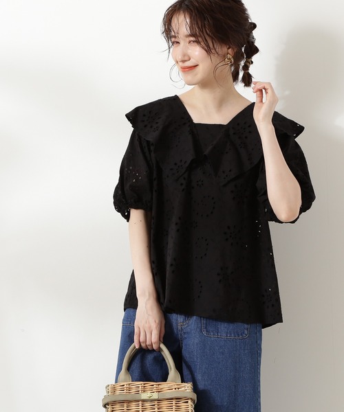 N.（N. Natural Beauty Basic）（エヌエヌナチュラルビューティーベーシック）の「◆襟風ラッフルブラウス（Tシャツ/カットソー・レディース・ブラック/オフホワイト・MEDIUM）」の2枚目の写真