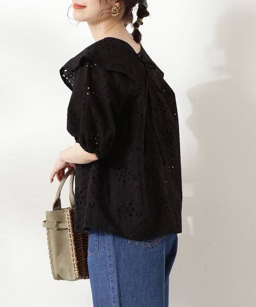 N.（N. Natural Beauty Basic）（エヌエヌナチュラルビューティーベーシック）の「◆襟風ラッフルブラウス（Tシャツ/カットソー・レディース・ブラック/オフホワイト・MEDIUM）」の8枚目の写真