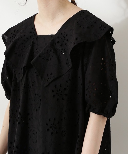 N.（N. Natural Beauty Basic）（エヌエヌナチュラルビューティーベーシック）の「◆襟風ラッフルブラウス（Tシャツ/カットソー・レディース・ブラック/オフホワイト・MEDIUM）」の5枚目の写真