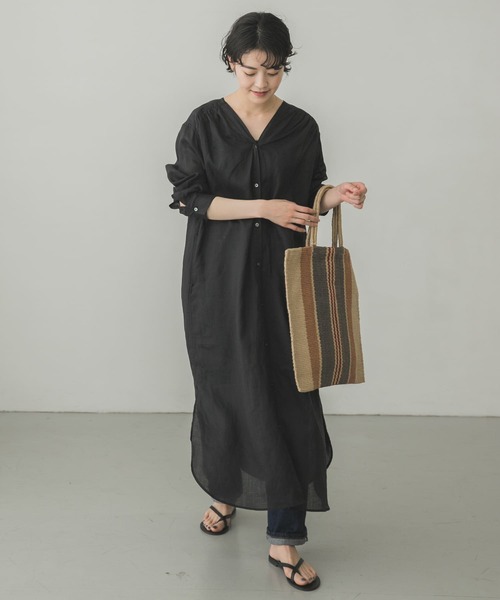 美品 かぐれ ラミー Vネックワンピース リネンシャツワンピース ブルーグレー 美品 かぐれ ラミー Vネックワンピース リネンシャツワンピース