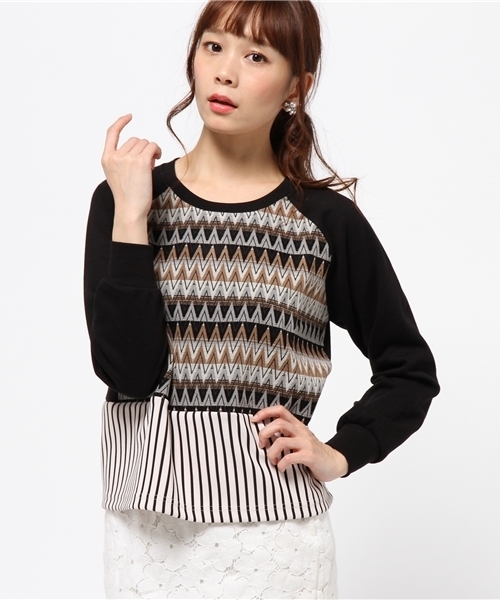 ROSE BUD（ローズバッド）の「LCTT-14289 BLOCK PATTERN PLLOVER （Tシャツ/カットソー・レディース・ブラック/ネイビー・ONE SIZE）」の2枚目の写真