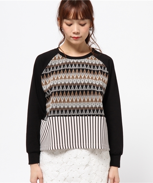 ROSE BUD（ローズバッド）の「LCTT-14289 BLOCK PATTERN PLLOVER （Tシャツ/カットソー・レディース・ブラック/ネイビー・ONE SIZE）」の3枚目の写真