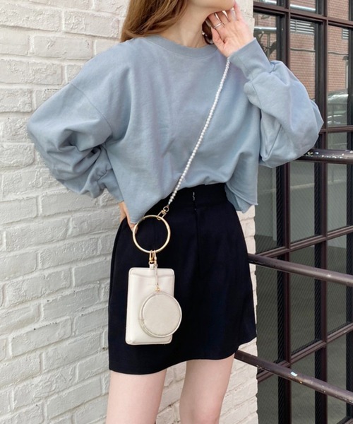 one after another NICE CLAUP（ワンアフターアナザーナイスクラップ）の「ロゴ刺繍ゆるシルエットショートスウェット（Tシャツ/カットソー・レディース・ベージュ/サックスブルー/アイボリー/スミクロ/グリーン/ピンク・FREE）」の2枚目の写真