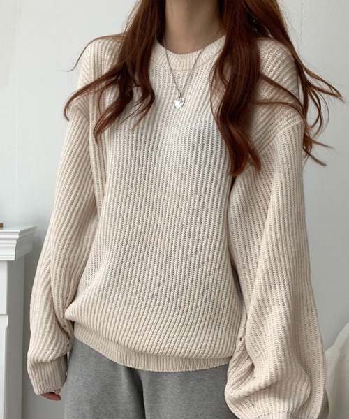 me+em select（ミームセレクト）の「※※【 6color 】ざっくりリブルーズカラーニット【韓国製】（ニット/セーター・レディース・ベージュ/ピンク/オレンジ/ブルー/ネイビー/イエロー・FREE）」の7枚目の写真