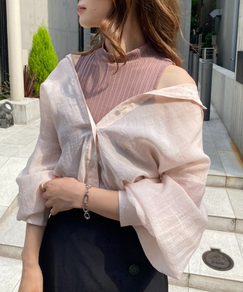 one after another NICE CLAUP(ワンアフターアナザーナイスクラップ)の「肌見せシアーシャツハイネックインナーセット(シャツ/ブラウス・レディース・ベージュ/オフホワイト/ストライプ/チェック/ピンク/イエロー/ホワイト・FREE)」の3枚目の写真