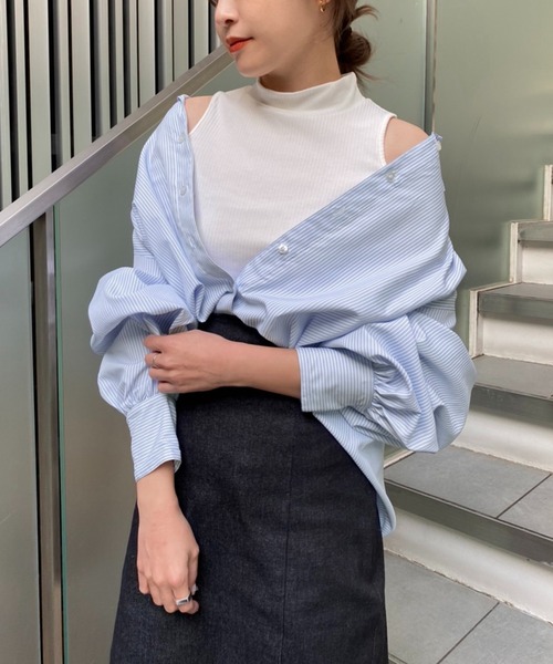 one after another NICE CLAUP(ワンアフターアナザーナイスクラップ)の「肌見せシアーシャツハイネックインナーセット(シャツ/ブラウス・レディース・ベージュ/オフホワイト/ストライプ/チェック/ピンク/イエロー/ホワイト・FREE)」の6枚目の写真