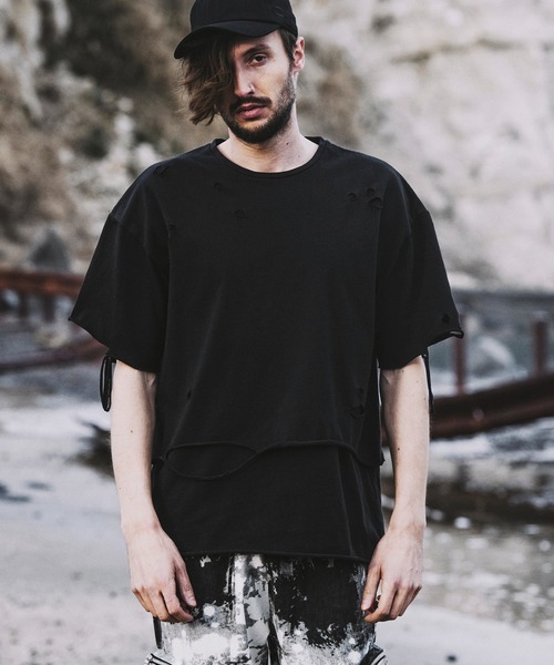 NO ID.（ノーアイディ）の「【NO ID.】Crush Layered Big T-shirt / クラッシュ レイヤード ビッグ Tシャツ（Tシャツ/カットソー・メンズ・ブラックミックス/ホワイト/ブラック・ONE SIZE）」の2枚目の写真