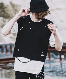【NO ID.】Crush Layered Big T-shirt / クラッシュ レイヤード ビッグ Tシャツ