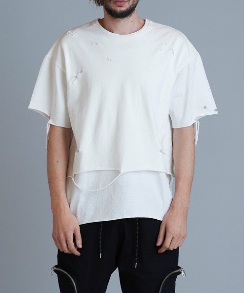 NO ID.（ノーアイディ）の「【NO ID.】Crush Layered Big T-shirt / クラッシュ レイヤード ビッグ Tシャツ（Tシャツ/カットソー・メンズ・ブラックミックス/ホワイト/ブラック・ONE SIZE）」の4枚目の写真