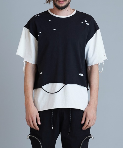 NO ID.（ノーアイディ）の「【NO ID.】Crush Layered Big T-shirt / クラッシュ レイヤード ビッグ Tシャツ（Tシャツ/カットソー・メンズ・ブラックミックス/ホワイト/ブラック・ONE SIZE）」の6枚目の写真