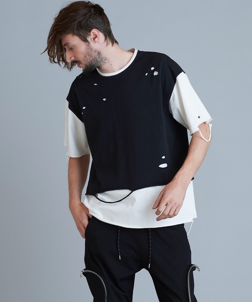 NO ID.（ノーアイディ）の「【NO ID.】Crush Layered Big T-shirt / クラッシュ レイヤード ビッグ Tシャツ（Tシャツ/カットソー・メンズ・ブラックミックス/ホワイト/ブラック・ONE SIZE）」の15枚目の写真