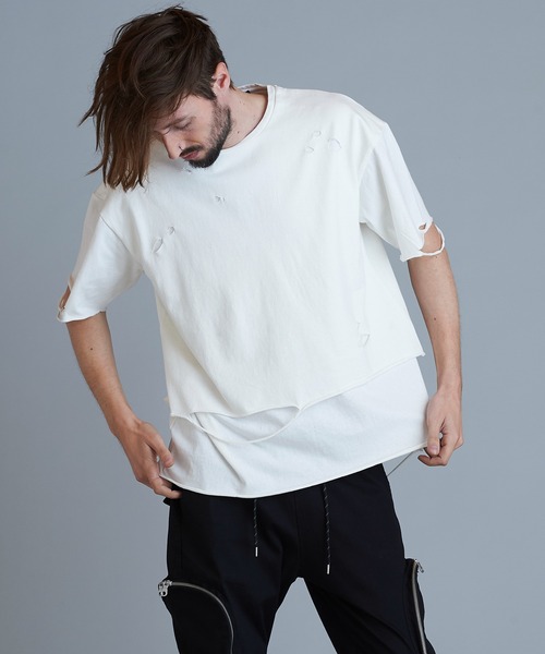 NO ID.（ノーアイディ）の「【NO ID.】Crush Layered Big T-shirt / クラッシュ レイヤード ビッグ Tシャツ（Tシャツ/カットソー・メンズ・ブラックミックス/ホワイト/ブラック・ONE SIZE）」の16枚目の写真
