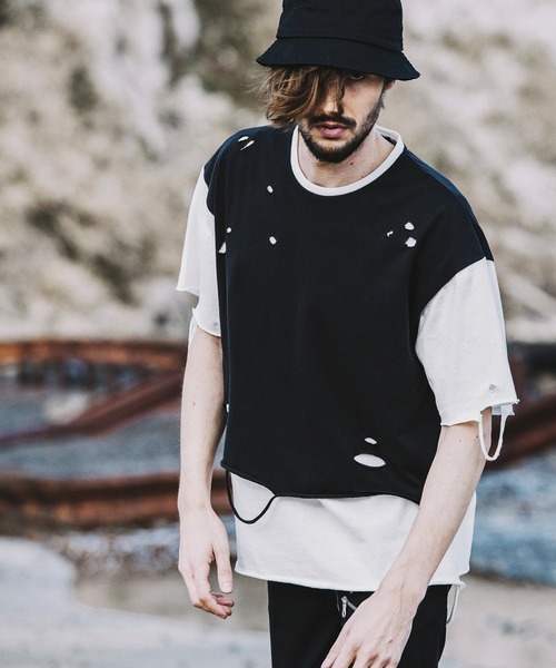 NO ID.（ノーアイディ）の「【NO ID.】Crush Layered Big T-shirt / クラッシュ レイヤード ビッグ Tシャツ（Tシャツ/カットソー・メンズ・ブラックミックス/ホワイト/ブラック・ONE SIZE）」の18枚目の写真