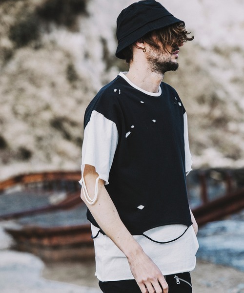NO ID.（ノーアイディ）の「【NO ID.】Crush Layered Big T-shirt / クラッシュ レイヤード ビッグ Tシャツ（Tシャツ/カットソー・メンズ・ブラックミックス/ホワイト/ブラック・ONE SIZE）」の20枚目の写真