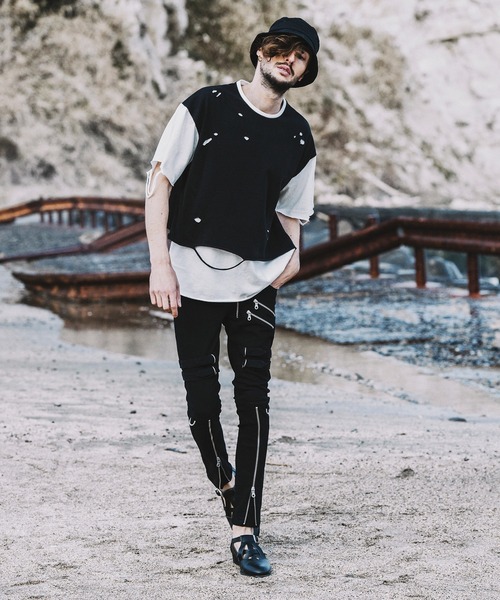 NO ID.（ノーアイディ）の「【NO ID.】Crush Layered Big T-shirt / クラッシュ レイヤード ビッグ Tシャツ（Tシャツ/カットソー・メンズ・ブラックミックス/ホワイト/ブラック・ONE SIZE）」の21枚目の写真