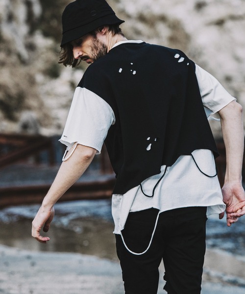 NO ID.（ノーアイディ）の「【NO ID.】Crush Layered Big T-shirt / クラッシュ レイヤード ビッグ Tシャツ（Tシャツ/カットソー・メンズ・ブラックミックス/ホワイト/ブラック・ONE SIZE）」の22枚目の写真