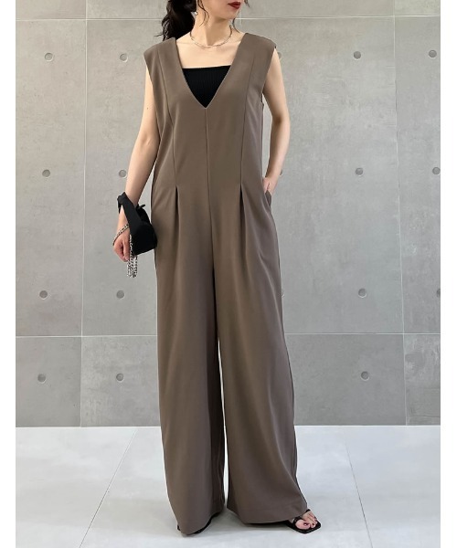 [低身長/高身長サイズ有][イージーケア]ジョーゼットポンチウエストダーツオールインワン