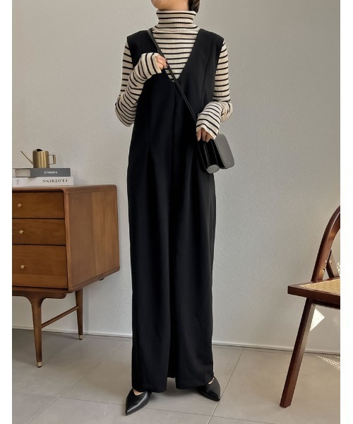 [低身長/高身長サイズ有][イージーケア]ジョーゼットポンチウエストダーツオールインワン