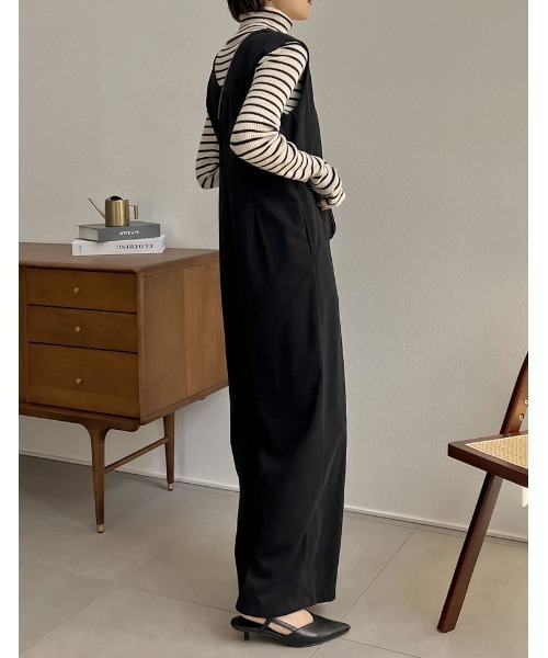 [低身長/高身長サイズ有][イージーケア]ジョーゼットポンチウエストダーツオールインワン