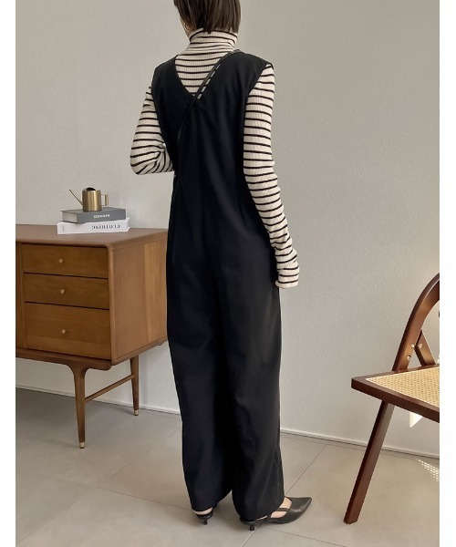 [低身長/高身長サイズ有][イージーケア]ジョーゼットポンチウエストダーツオールインワン