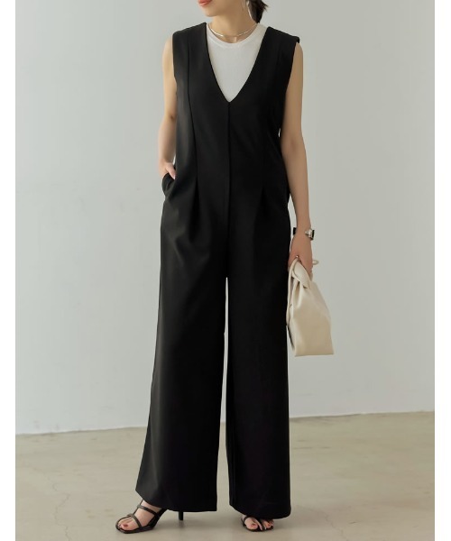 [低身長/高身長サイズ有][イージーケア]ジョーゼットポンチウエストダーツオールインワン