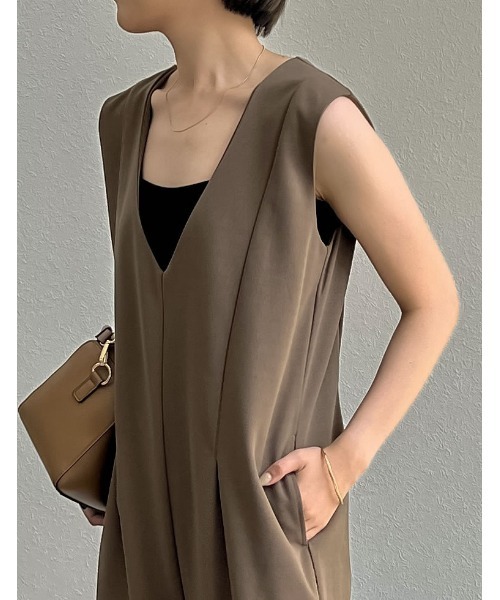 [低身長/高身長サイズ有][イージーケア]ジョーゼットポンチウエストダーツオールインワン