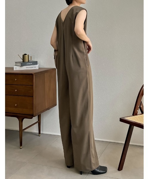 [低身長/高身長サイズ有][イージーケア]ジョーゼットポンチウエストダーツオールインワン