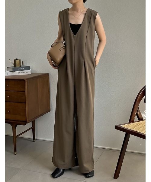 Re:EDIT（リエディ）の「[低身長/高身長サイズ有][イージーケア]ジョーゼットポンチウエストダーツオールインワン（つなぎ/オールインワン・レディース・ブラック/アイボリー/モカ・LARGE/SHORT/TALL/MEDIUM）」の6枚目の写真