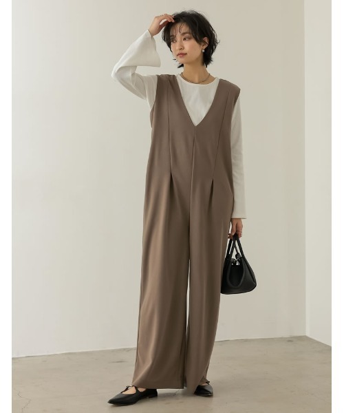 Re:EDIT（リエディ）の「[低身長/高身長サイズ有][イージーケア]ジョーゼットポンチウエストダーツオールインワン（つなぎ/オールインワン・レディース・ブラック/アイボリー/モカ・LARGE/SHORT/TALL/MEDIUM）」の12枚目の写真