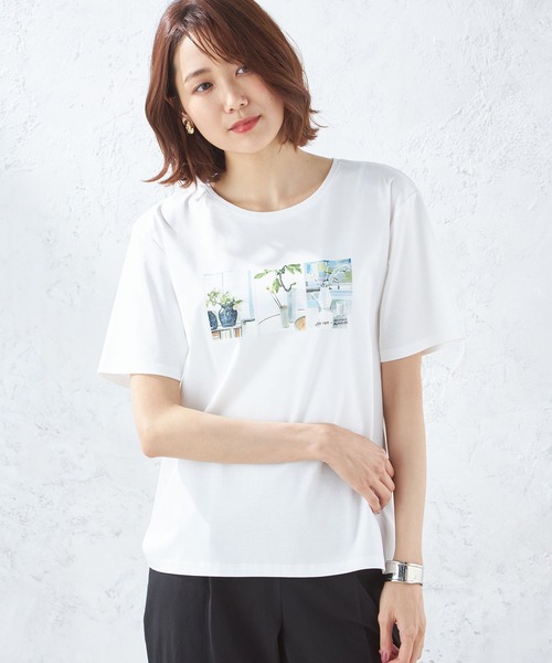 A/C DESIGN BY ALPHA CUBIC(エーシーデザインバイアルファキュービック)の「【接触冷感】ボタニカルプリントTシャツ(Tシャツ/カットソー・レディース・ブラック/カーキ/オフホワイト・LL/L/M)」の2枚目の写真